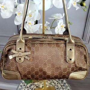Gucci Brown and Gold Leather Trim Monogram Vintage Satchel Metallic Women's Bag